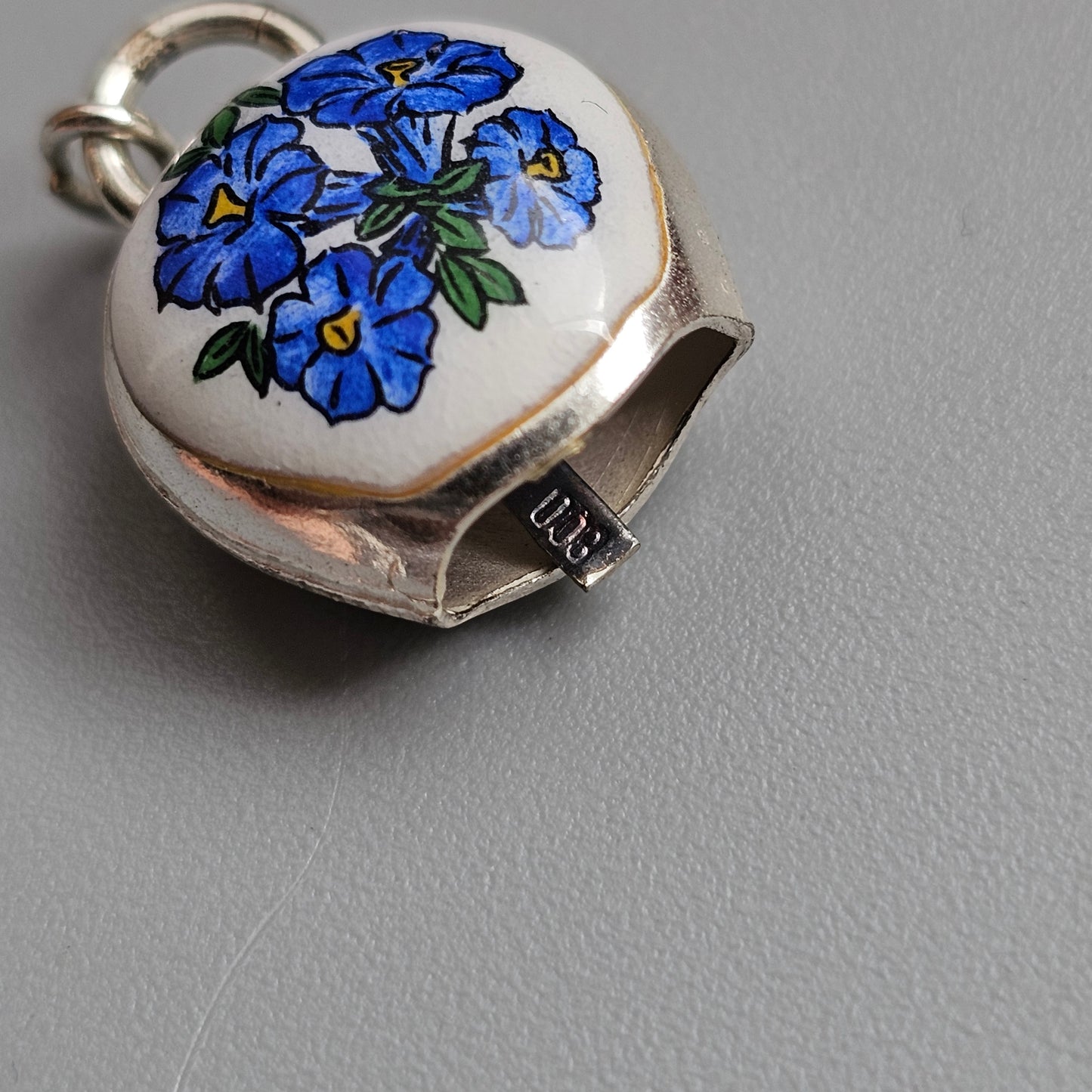 Vintage 800 Silver Blue Floral Enamel Cowbell Charm