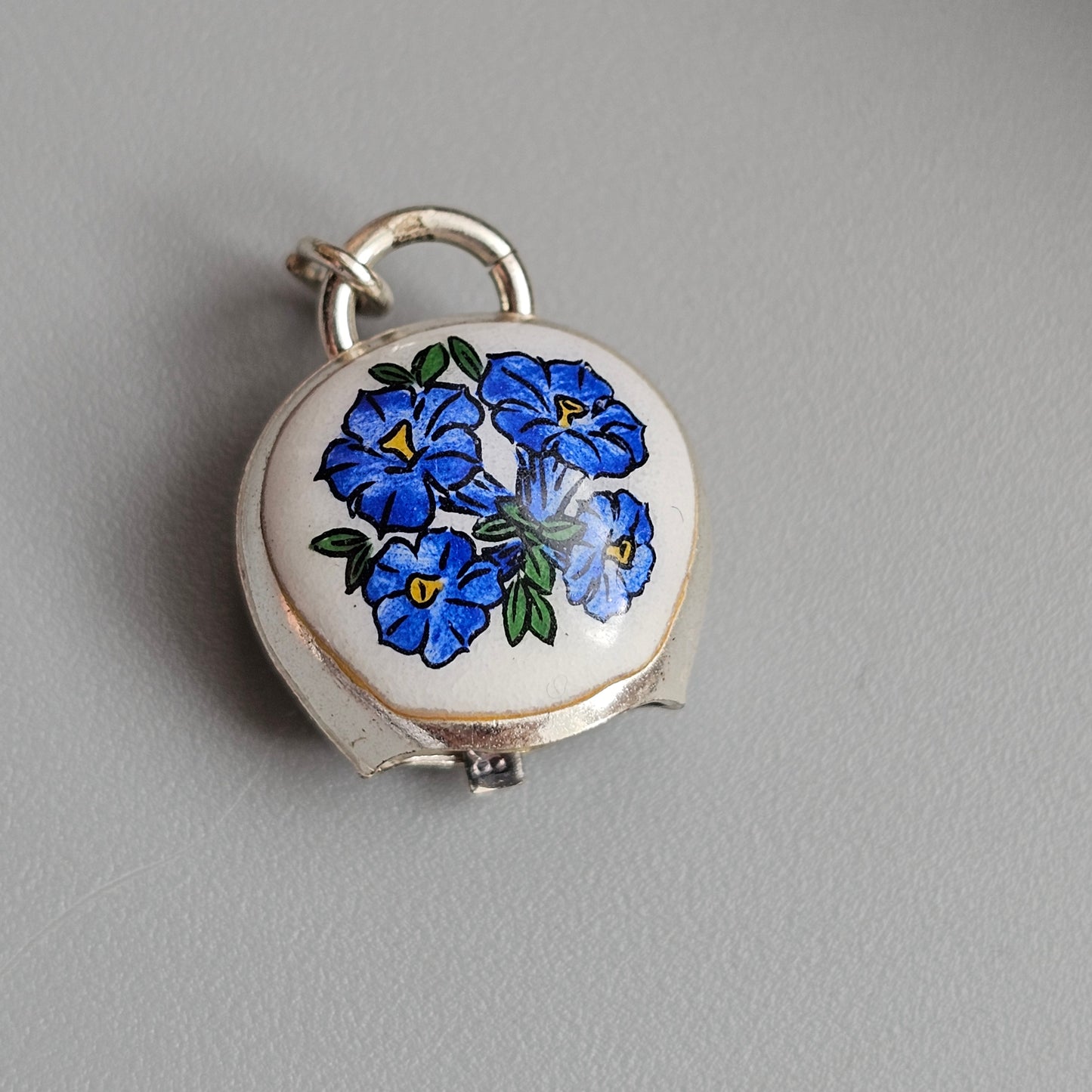 Vintage 800 Silver Blue Floral Enamel Cowbell Charm