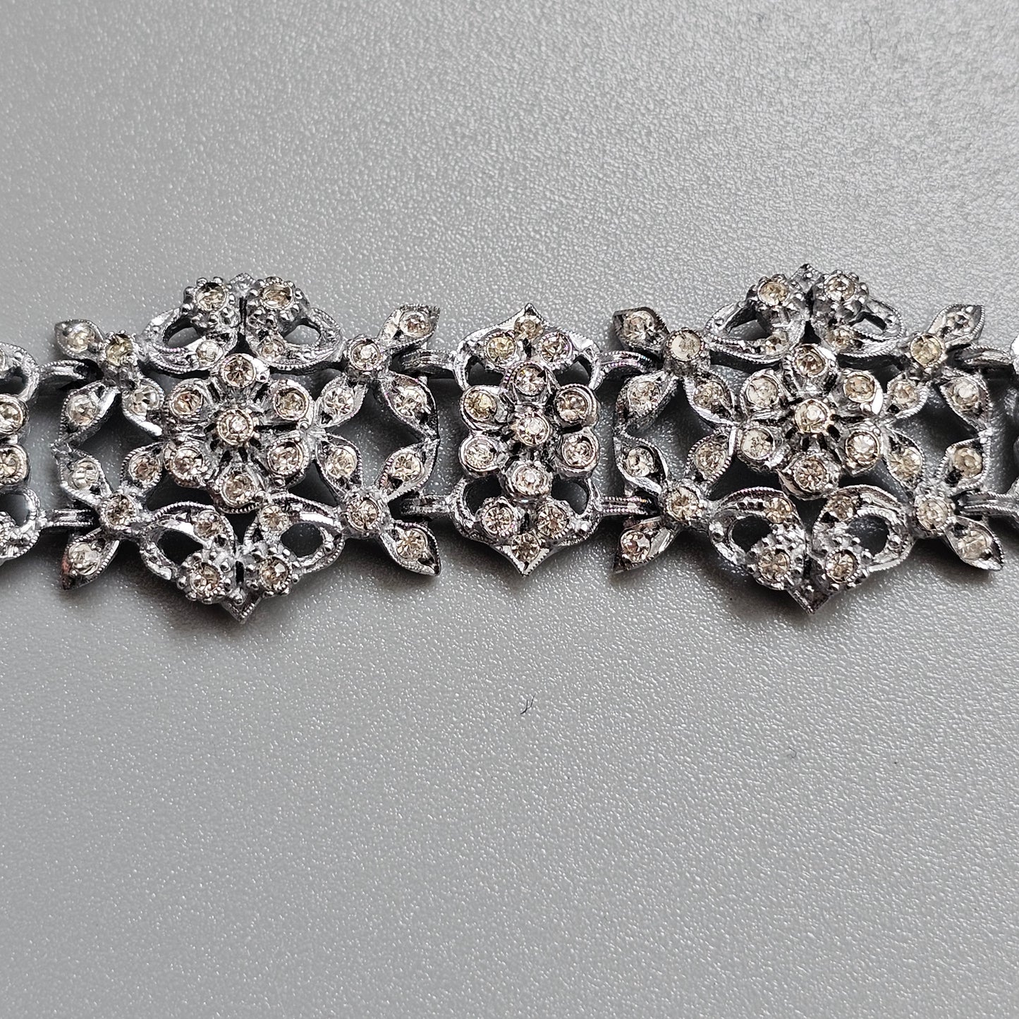 Vintage 1930s Art Deco Chrome Rhinestone Floral Bracelet