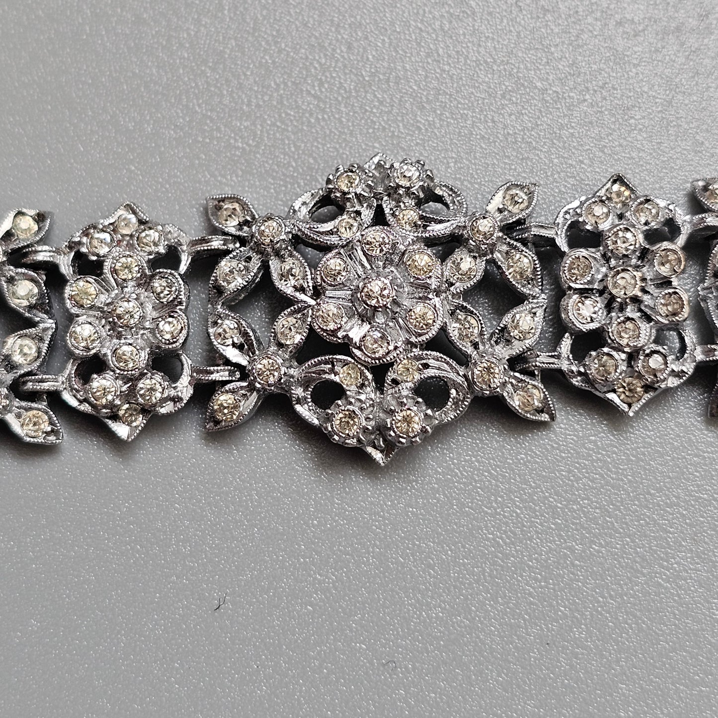 Vintage 1930s Art Deco Chrome Rhinestone Floral Bracelet