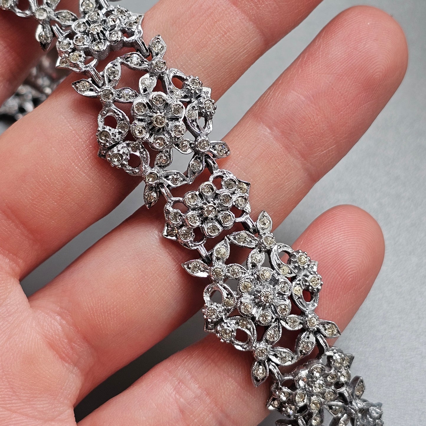 Vintage 1930s Art Deco Chrome Rhinestone Floral Bracelet