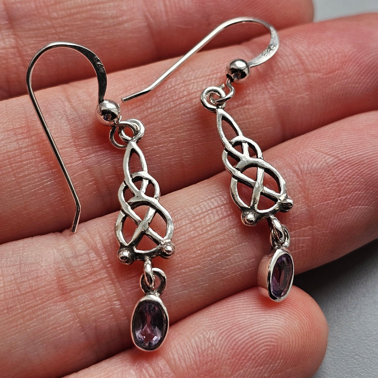 Vintage Sterling Silver Amethyst Celtic Knot Drop Earrings