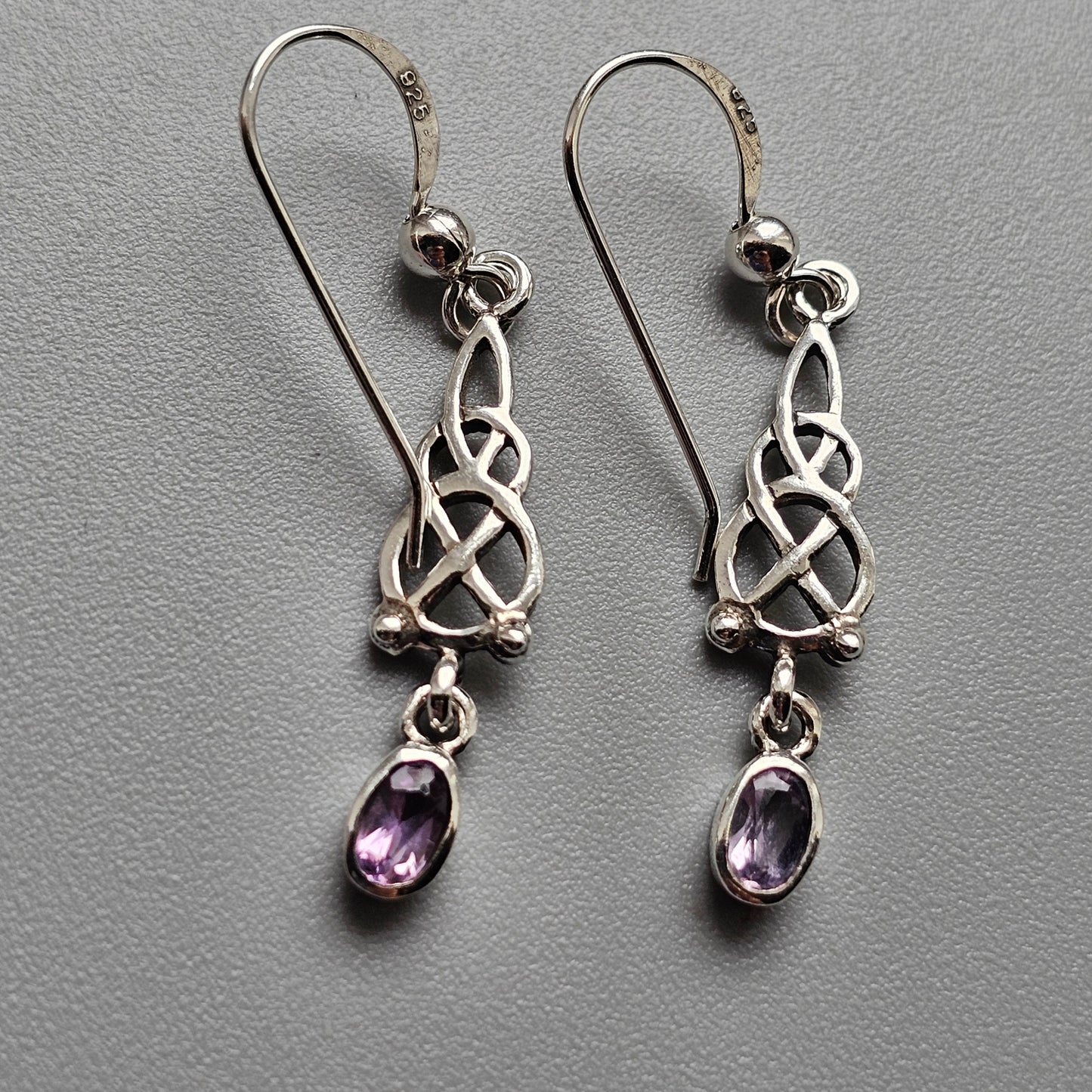 Vintage Sterling Silver Amethyst Celtic Knot Drop Earrings