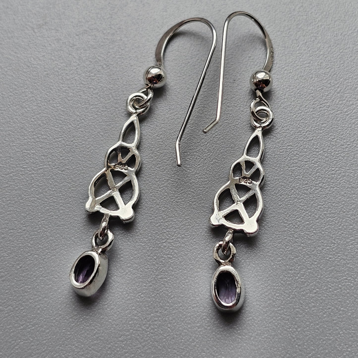 Vintage Sterling Silver Amethyst Celtic Knot Drop Earrings