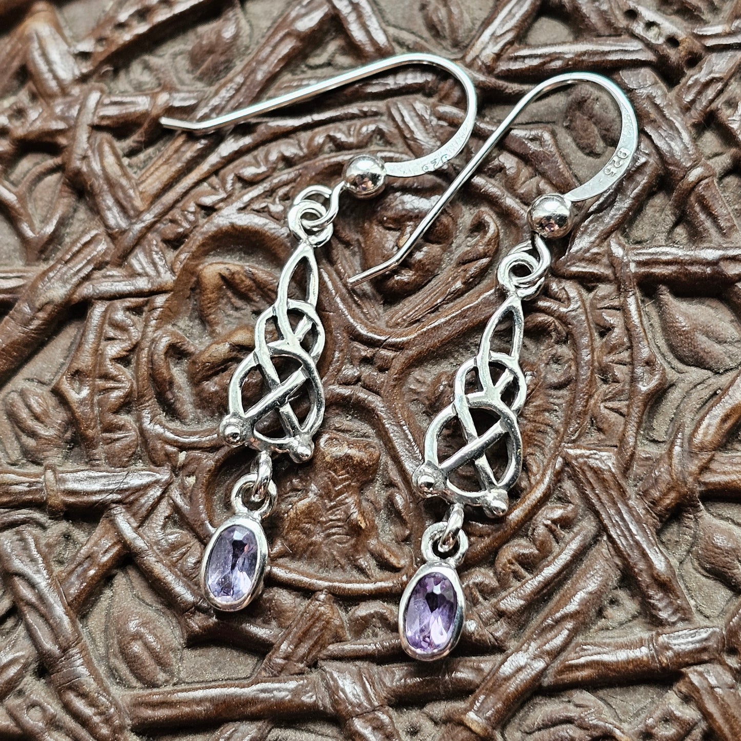Vintage Sterling Silver Amethyst Celtic Knot Drop Earrings