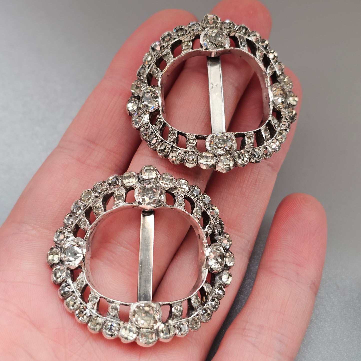 Antique Georgian to Victorian French Silver & Paste Shoe Buckle Pair