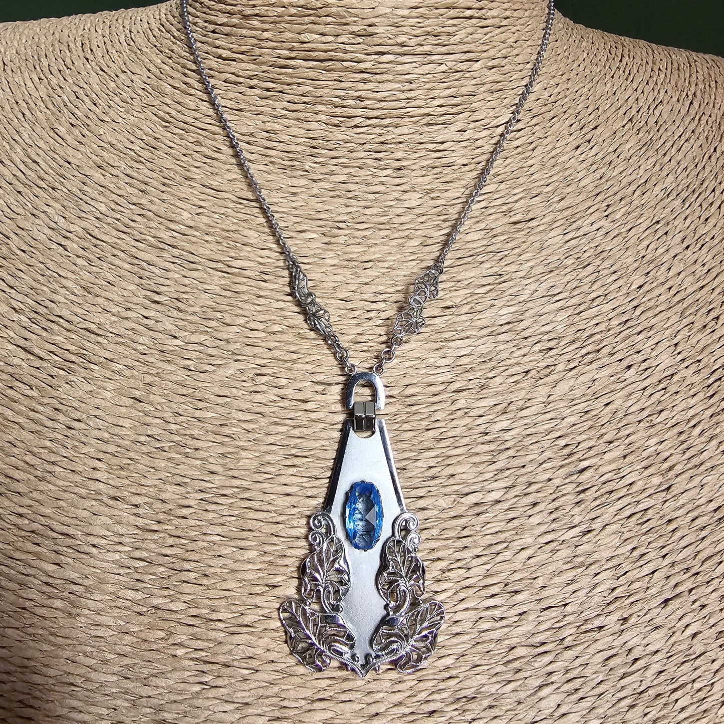 Vintage Art Deco Machine Age Chrome Blue Glass Necklace