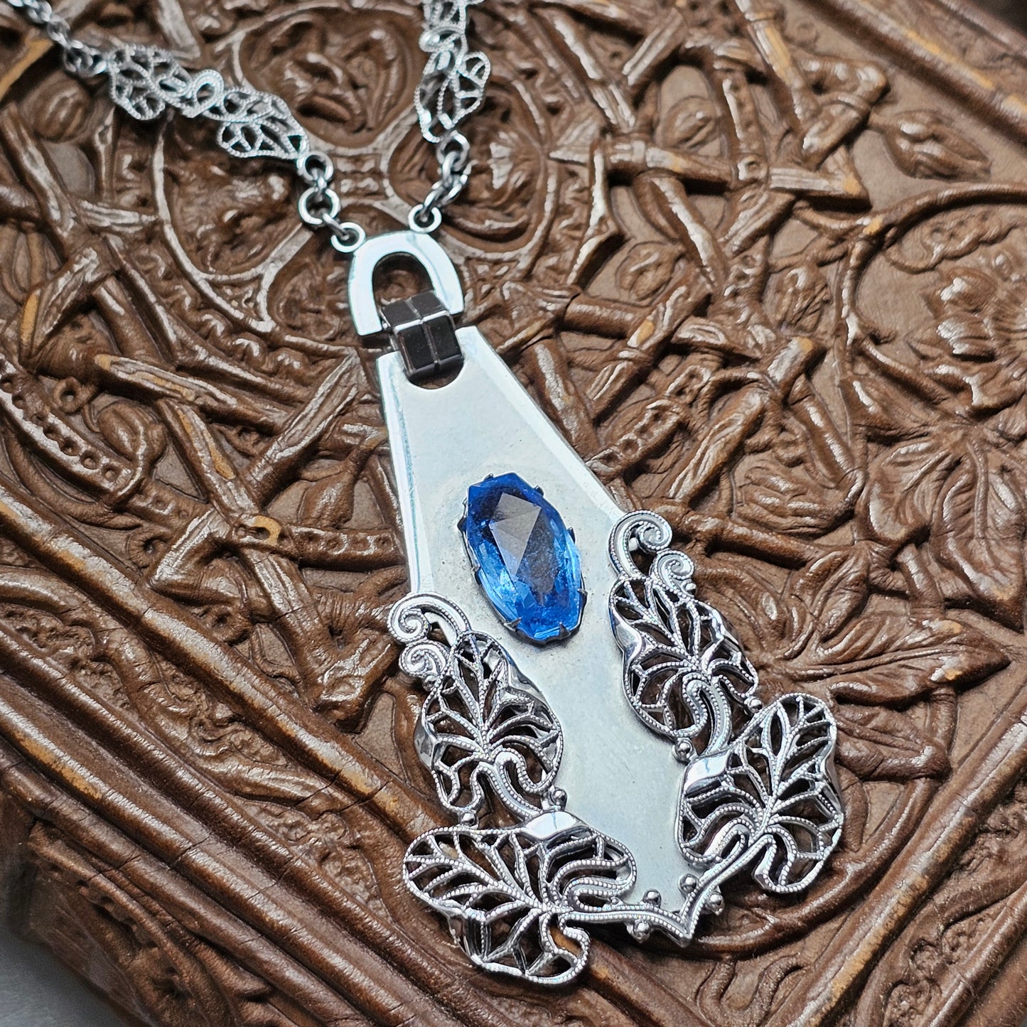 Vintage Art Deco Machine Age Chrome Blue Glass Necklace
