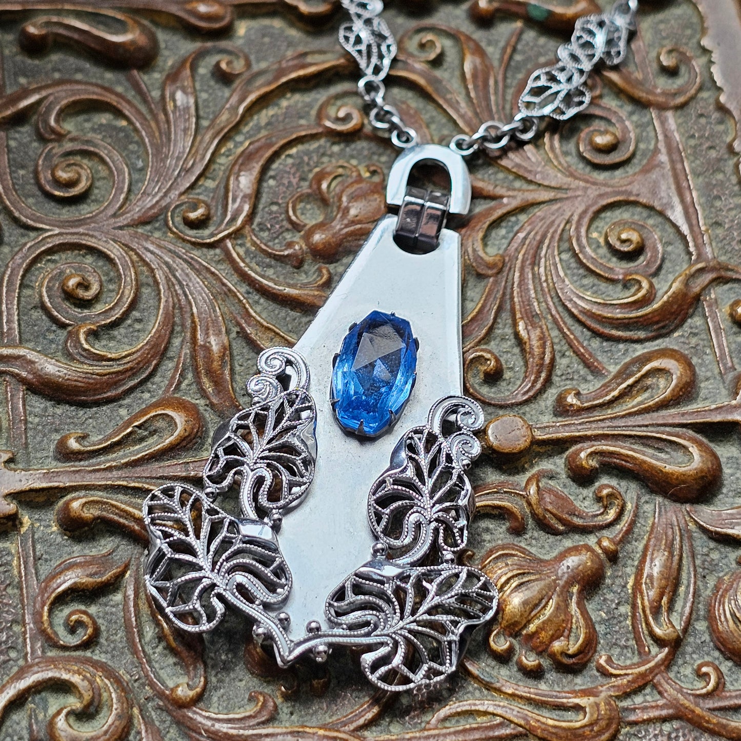 Vintage Art Deco Machine Age Chrome Blue Glass Necklace