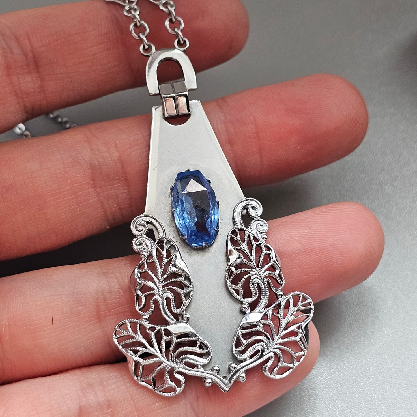Vintage Art Deco Machine Age Chrome Blue Glass Necklace