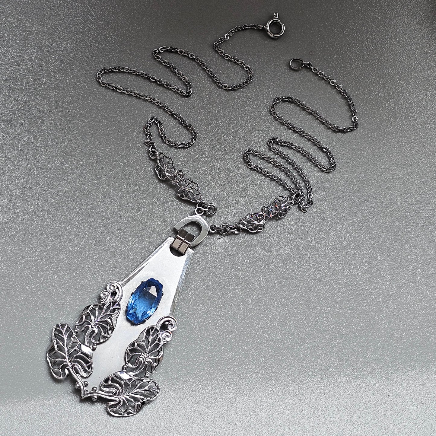 Vintage Art Deco Machine Age Chrome Blue Glass Necklace