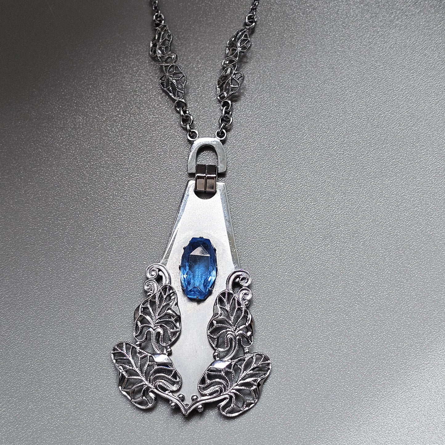 Vintage Art Deco Machine Age Chrome Blue Glass Necklace