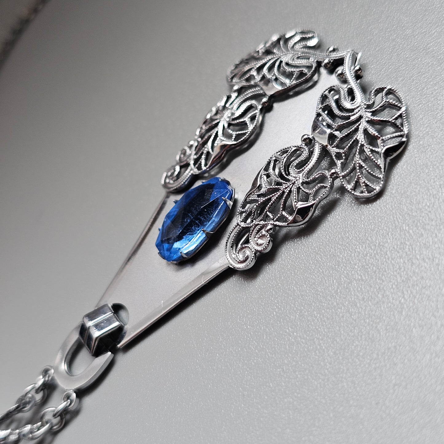Vintage Art Deco Machine Age Chrome Blue Glass Necklace