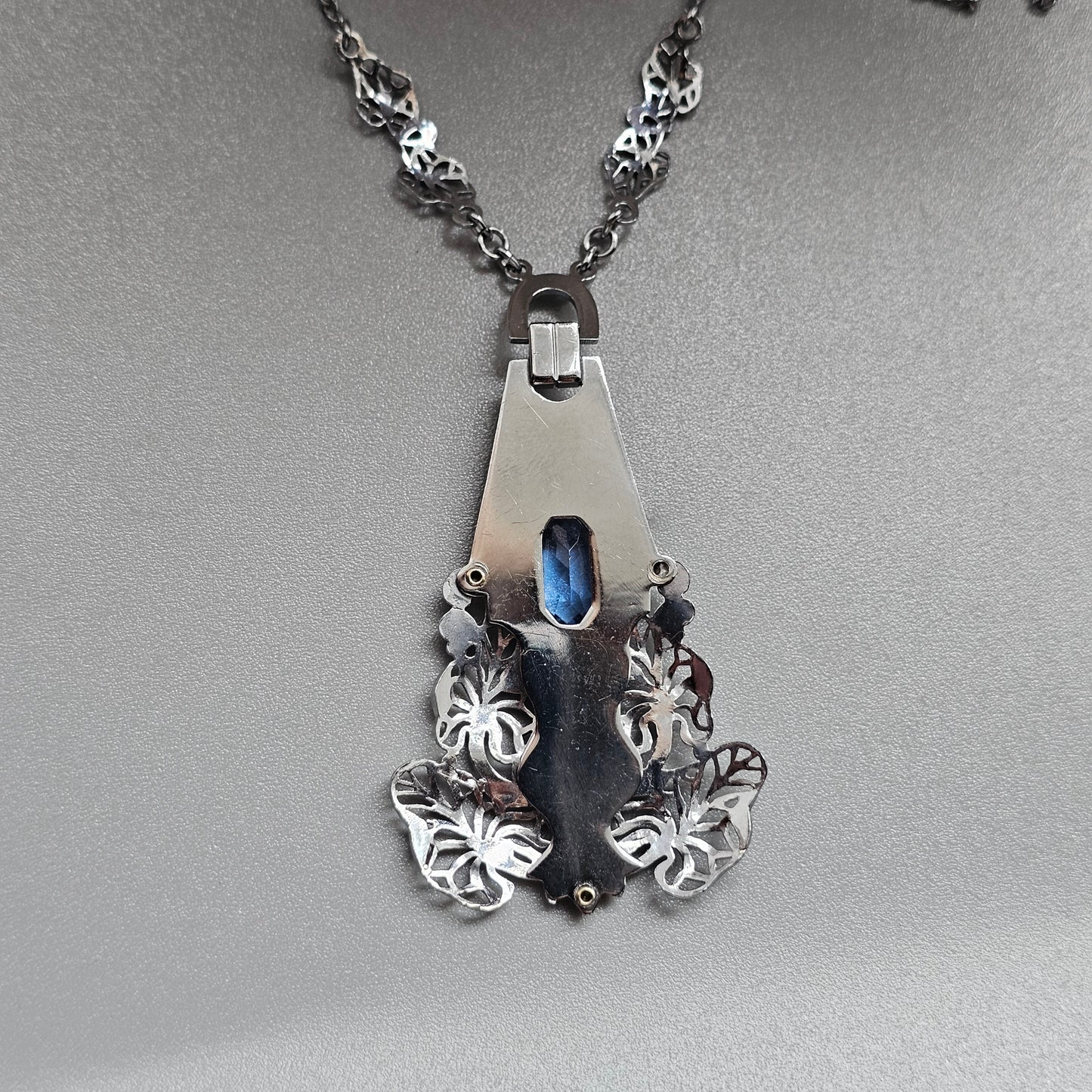 Vintage Art Deco Machine Age Chrome Blue Glass Necklace