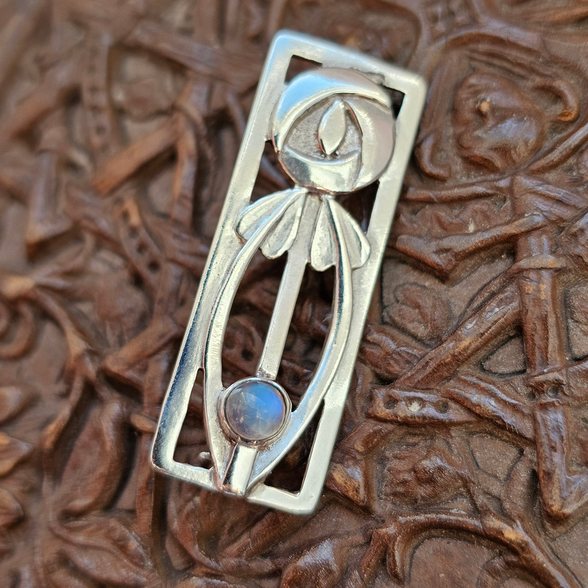 Vintage 1990s Sterling Silver Moonstone Rennie Mackintosh Style Brooch 1995