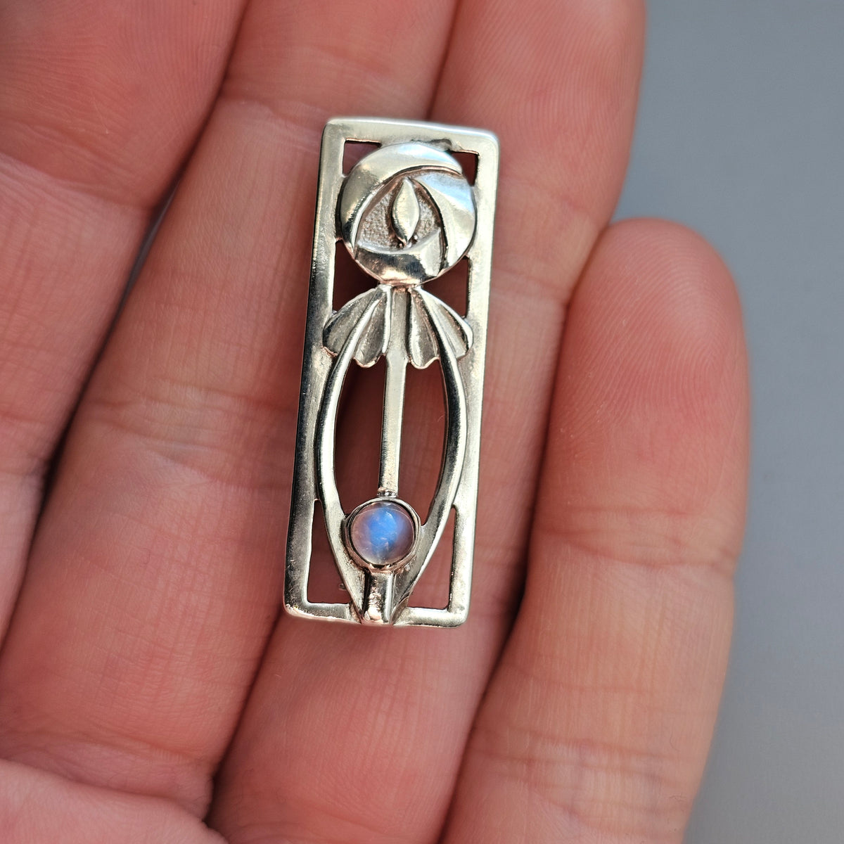 Vintage 1990s Sterling Silver Moonstone Rennie Mackintosh Style Brooch 1995