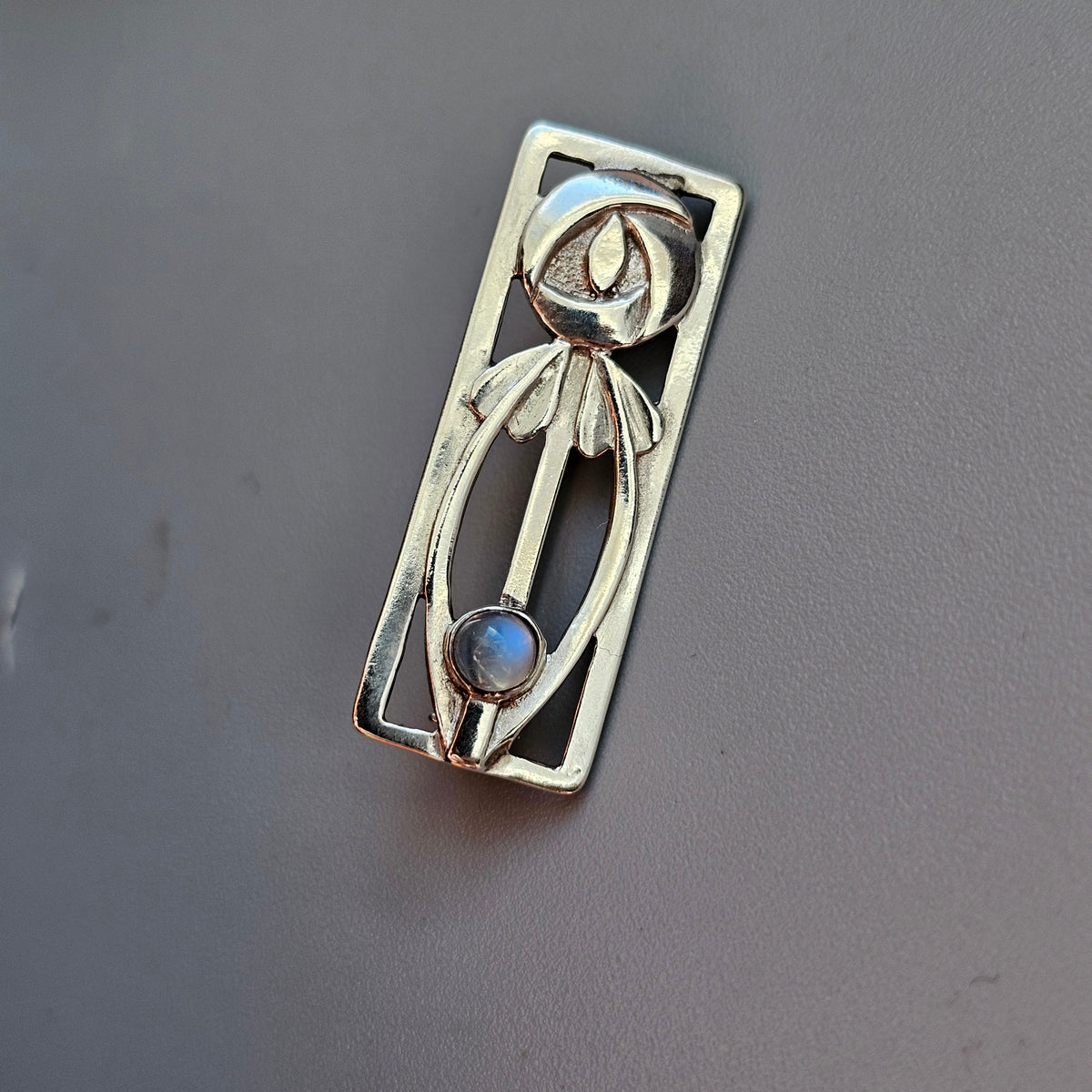 Vintage 1990s Sterling Silver Moonstone Rennie Mackintosh Style Brooch 1995