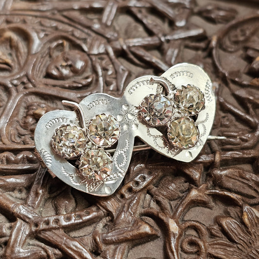 Antique Edwardian 1900s Sterling Silver Paste Double Heart Brooch 1905