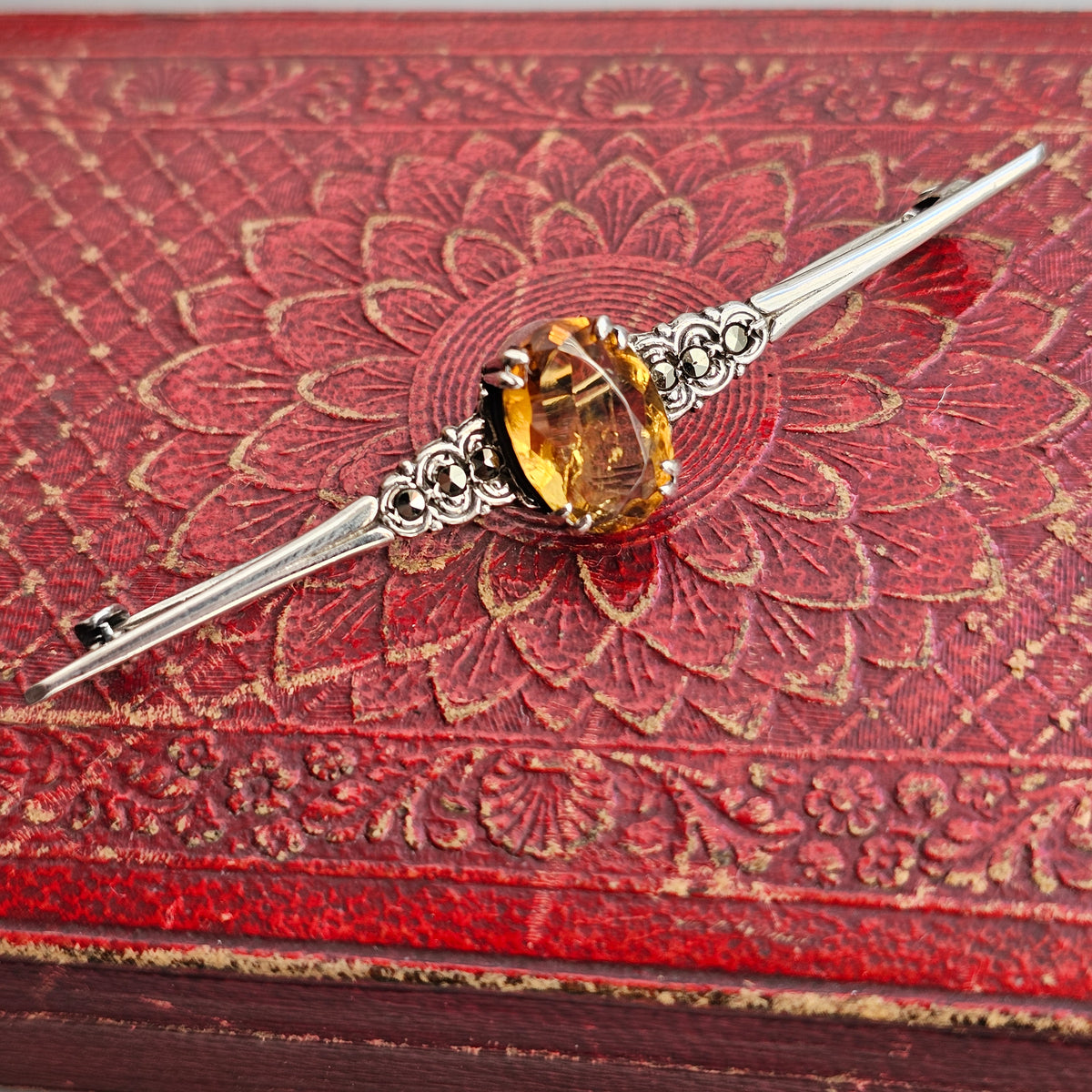 Antique Silver Citrine Marcasite Bar Brooch