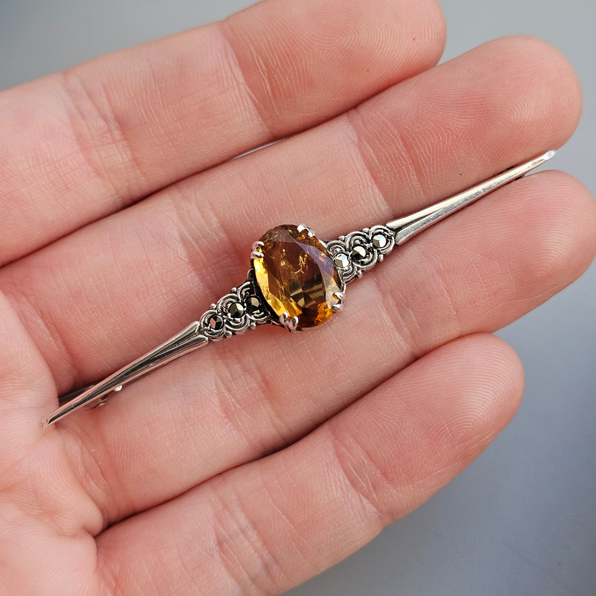 Antique Silver Citrine Marcasite Bar Brooch