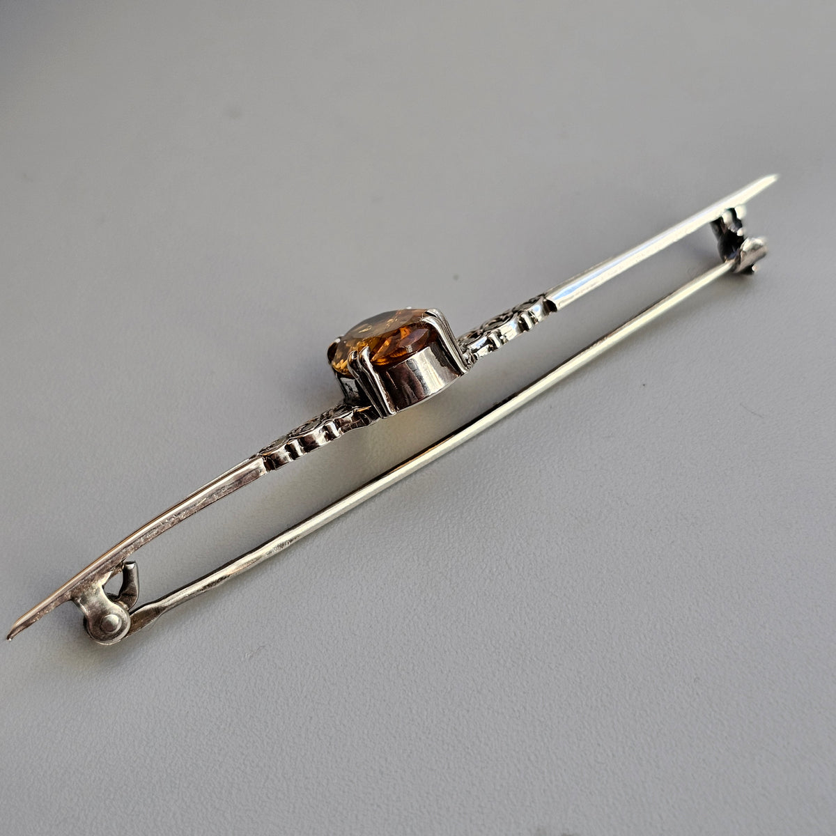 Antique Silver Citrine Marcasite Bar Brooch