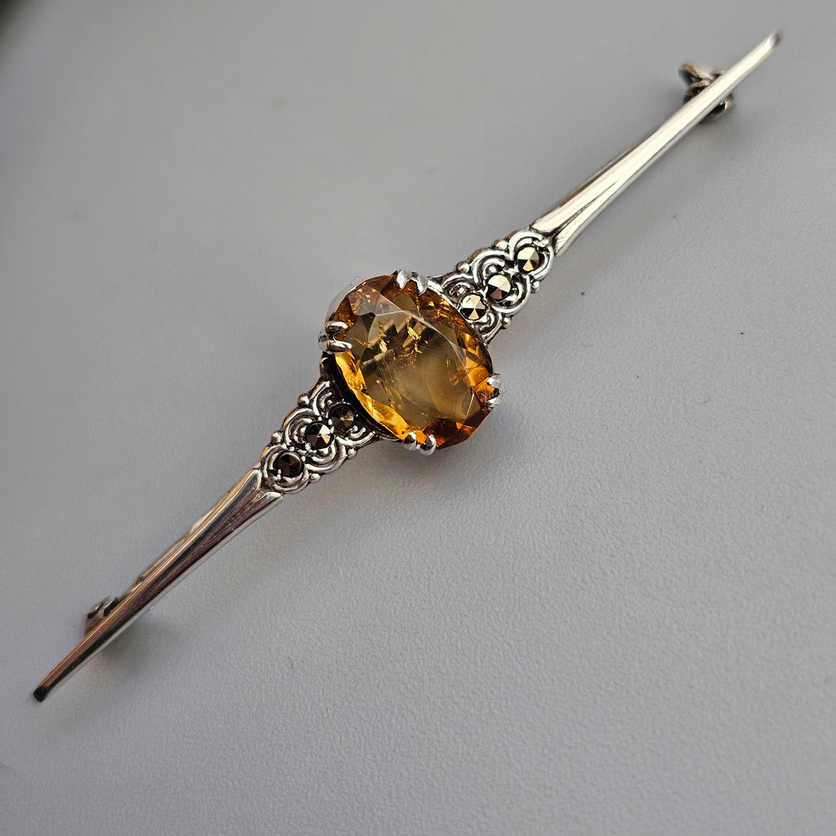 Antique Silver Citrine Marcasite Bar Brooch