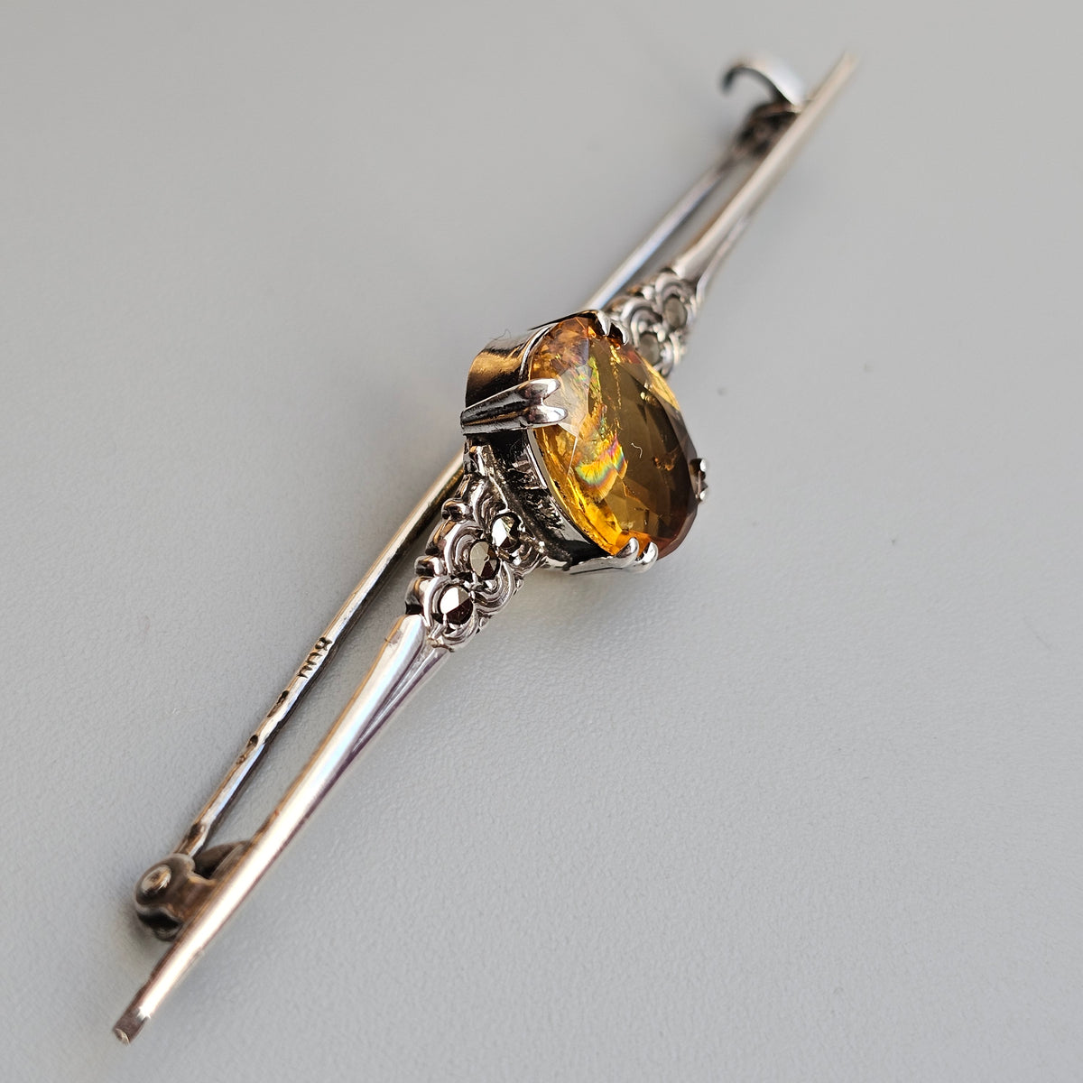 Antique Silver Citrine Marcasite Bar Brooch