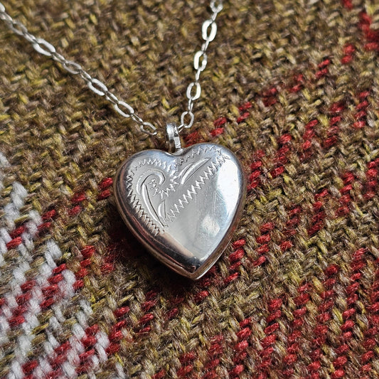 Small Vintage Silver Engraved Heart Locket Necklace