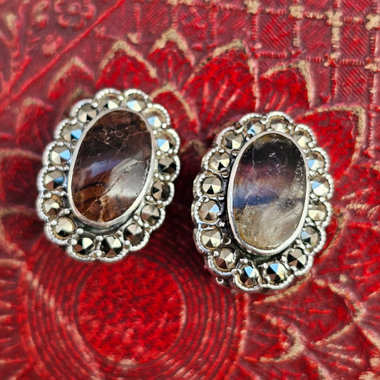 Vintage Art Deco Style 1950s 1960s Silver Blue John Marcasite Clip On Earrings