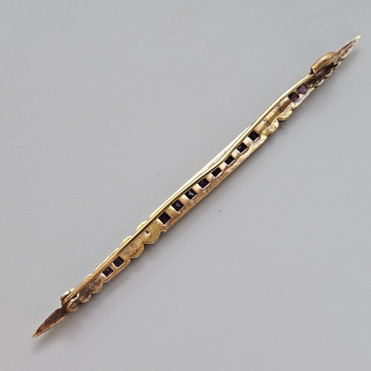 Antique Edwardian Art Deco Purple and Clear Paste Gold Tone Long Bar Brooch
