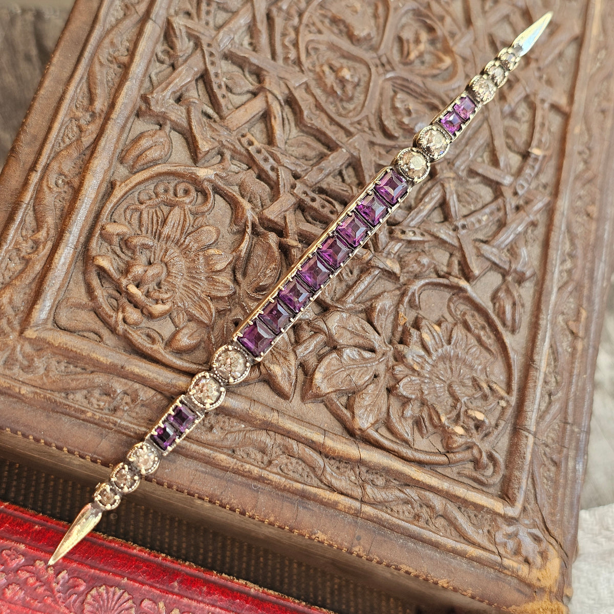 Antique Edwardian Art Deco Purple and Clear Paste Gold Tone Long Bar Brooch