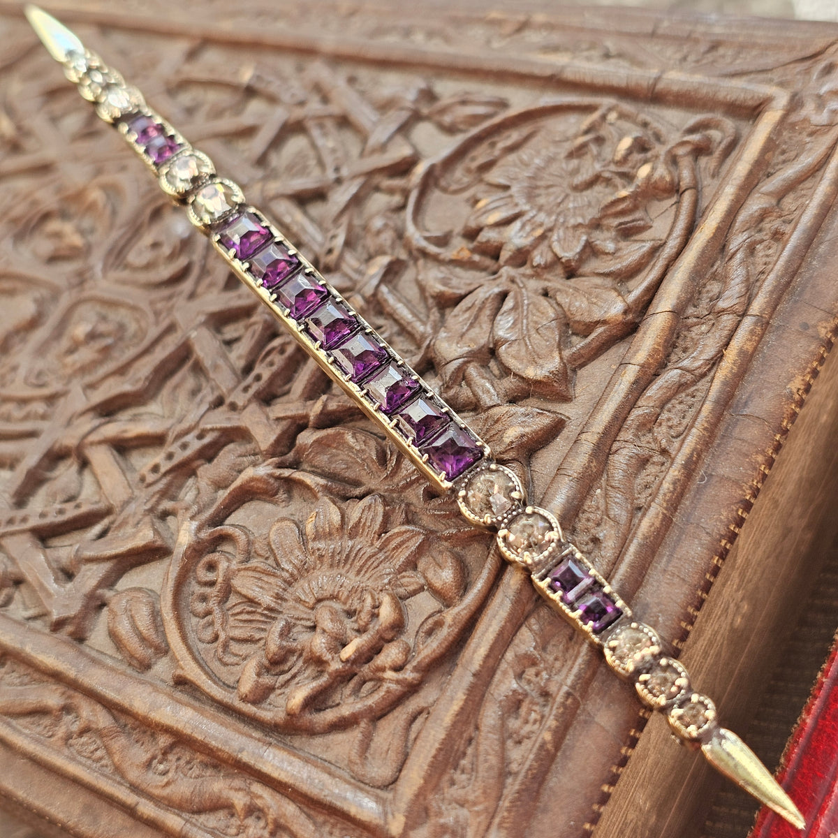 Antique Edwardian Art Deco Purple and Clear Paste Gold Tone Long Bar Brooch