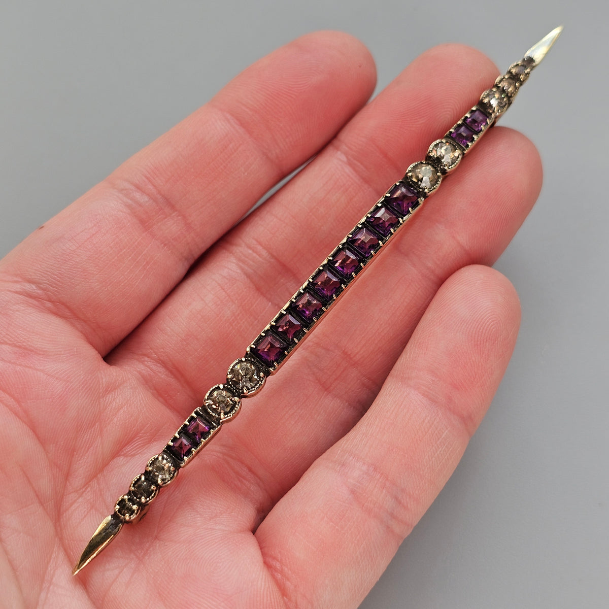 Antique Edwardian Art Deco Purple and Clear Paste Gold Tone Long Bar Brooch