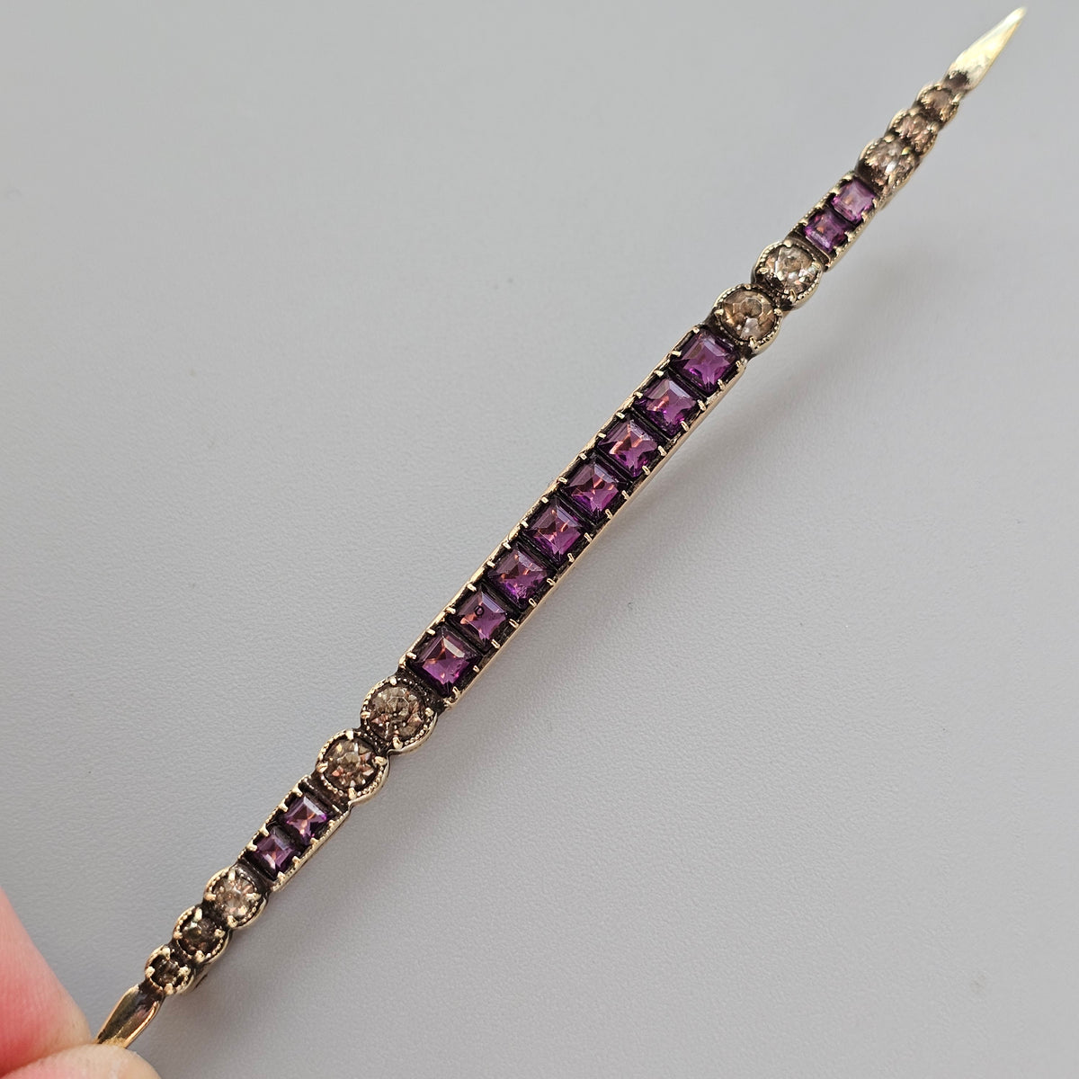 Antique Edwardian Art Deco Purple and Clear Paste Gold Tone Long Bar Brooch
