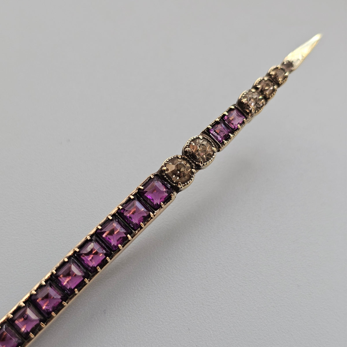 Antique Edwardian Art Deco Purple and Clear Paste Gold Tone Long Bar Brooch