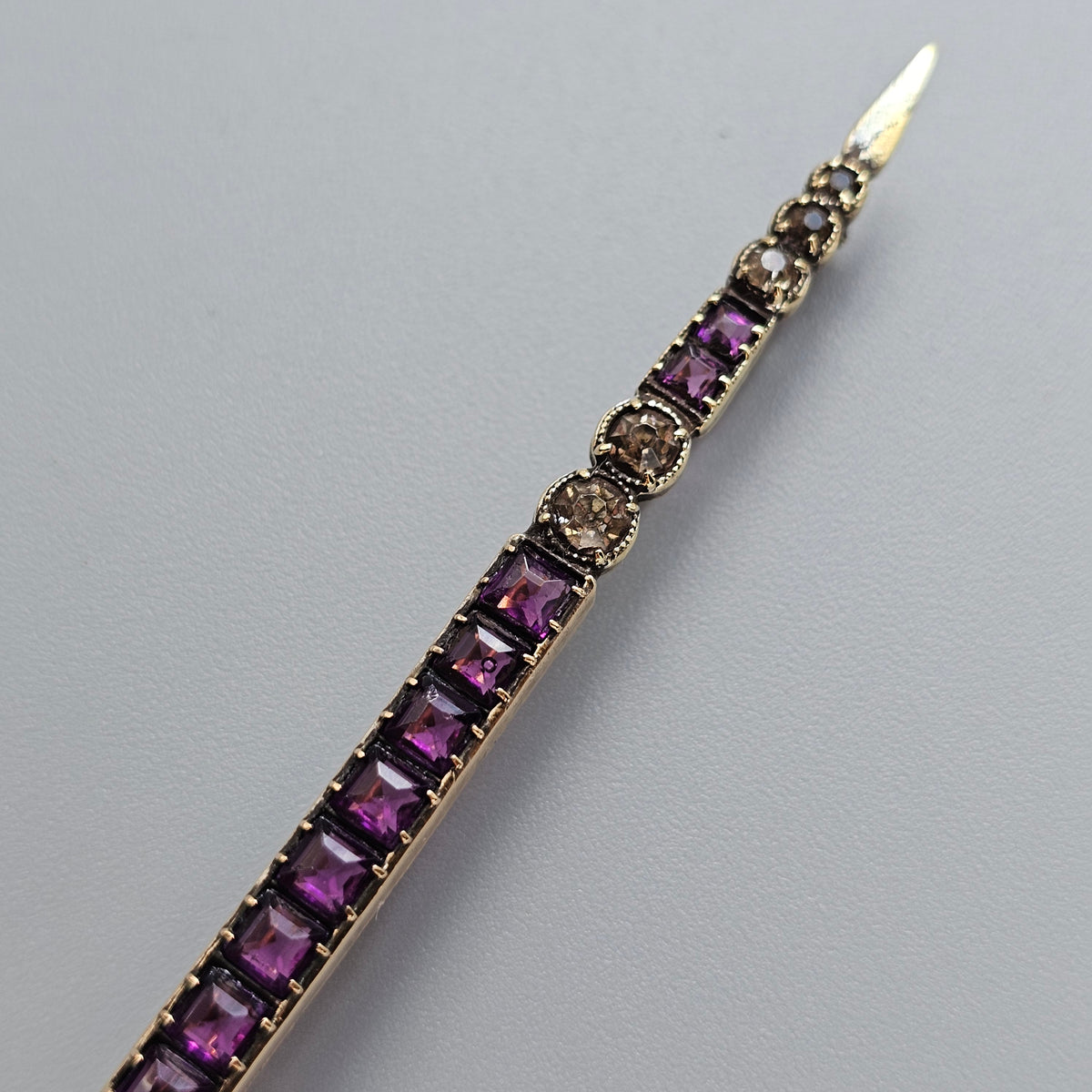 Antique Edwardian Art Deco Purple and Clear Paste Gold Tone Long Bar Brooch