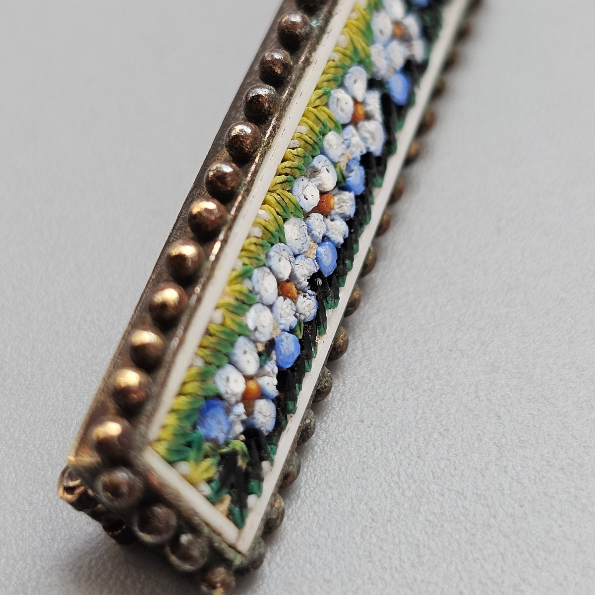 Antique Victorian Forget Me Not Micro Mosaic Bar Brooch