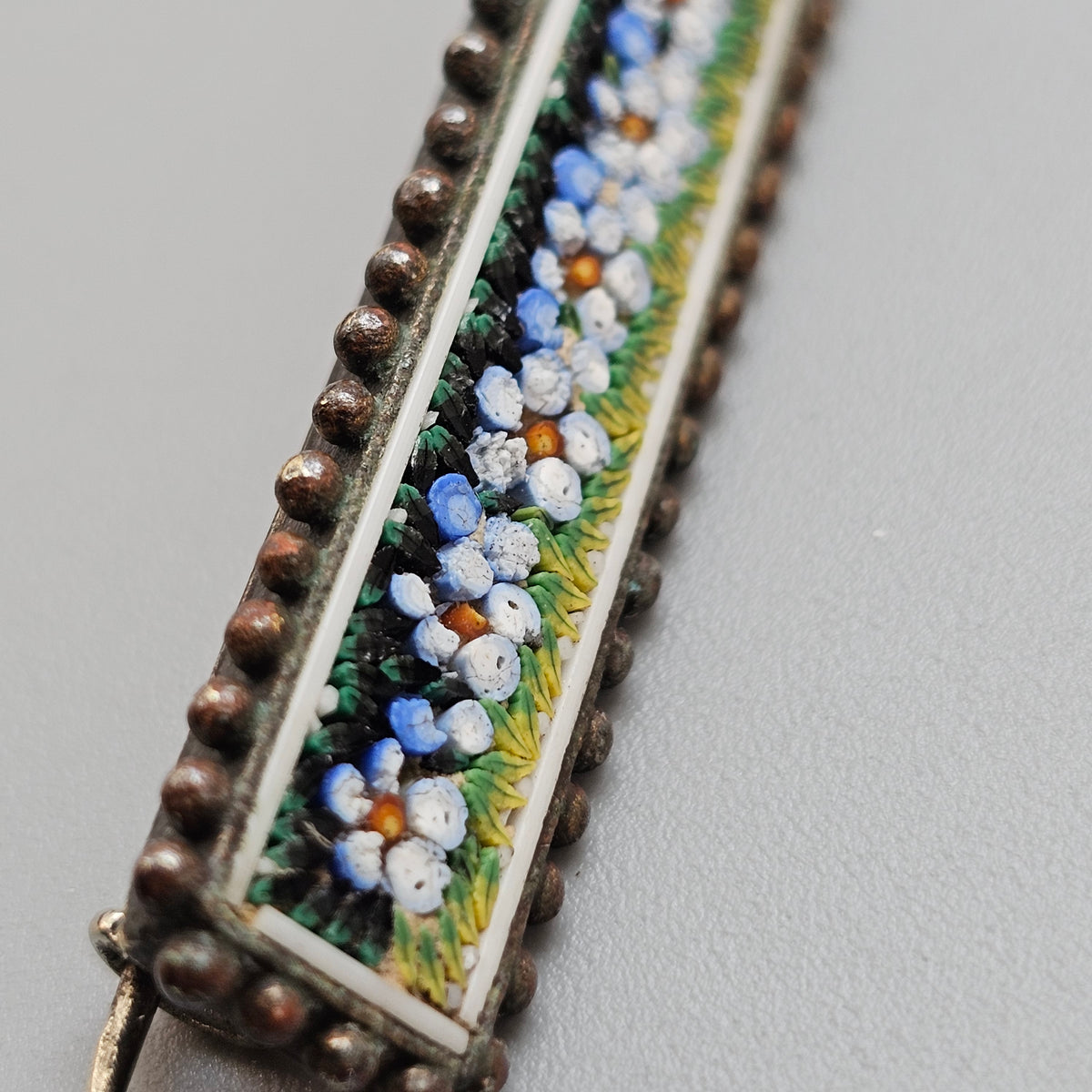 Antique Victorian Forget Me Not Micro Mosaic Bar Brooch