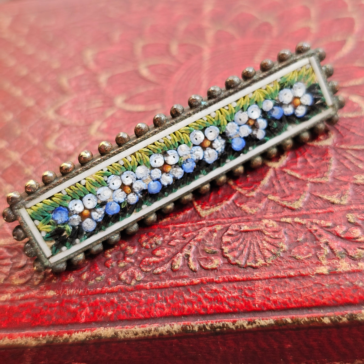 Antique Victorian Forget Me Not Micro Mosaic Bar Brooch
