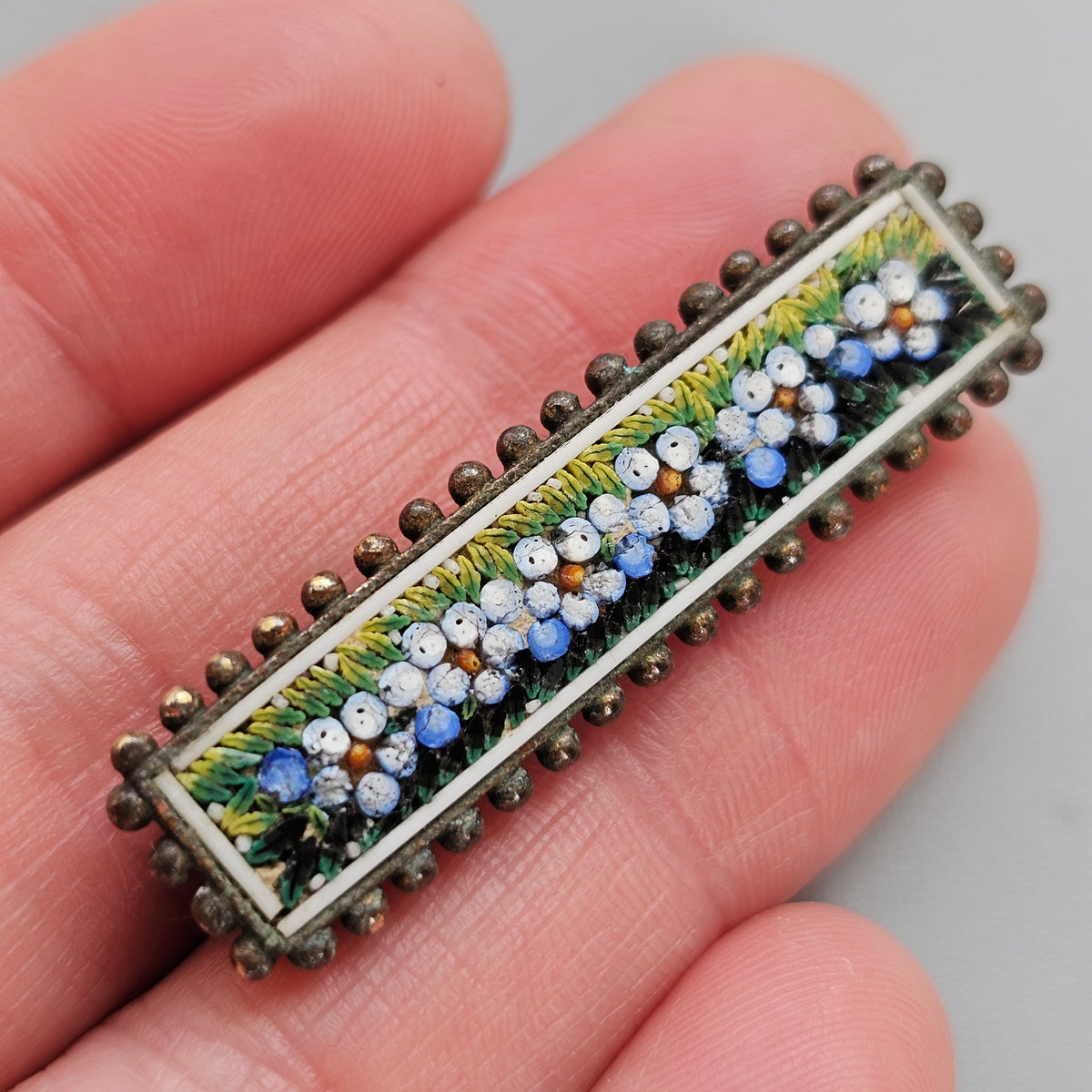 Antique Victorian Forget Me Not Micro Mosaic Bar Brooch