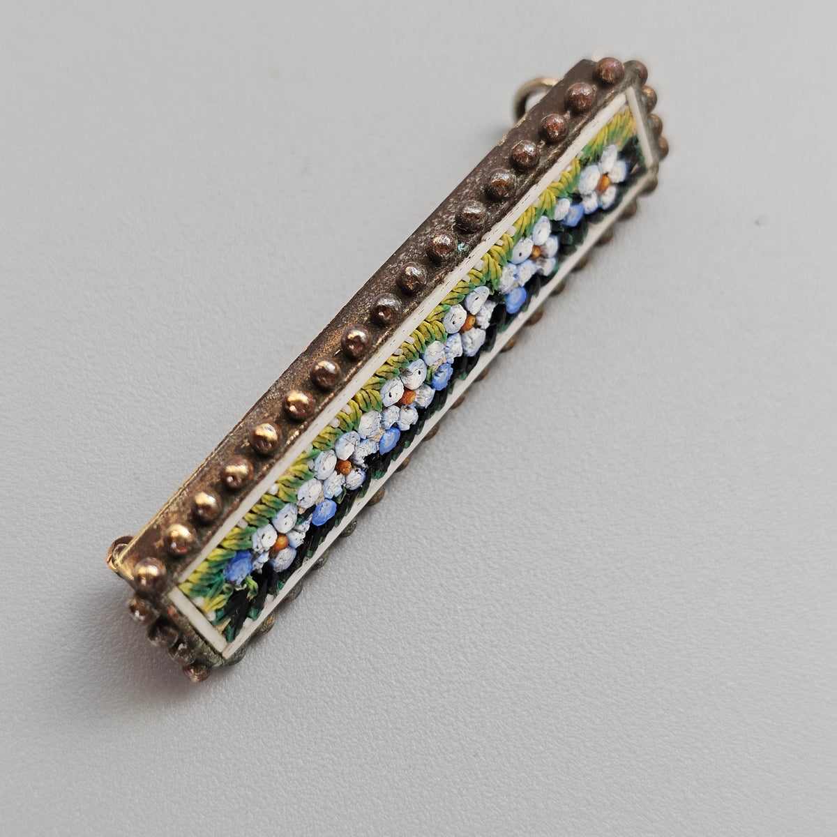 Antique Victorian Forget Me Not Micro Mosaic Bar Brooch