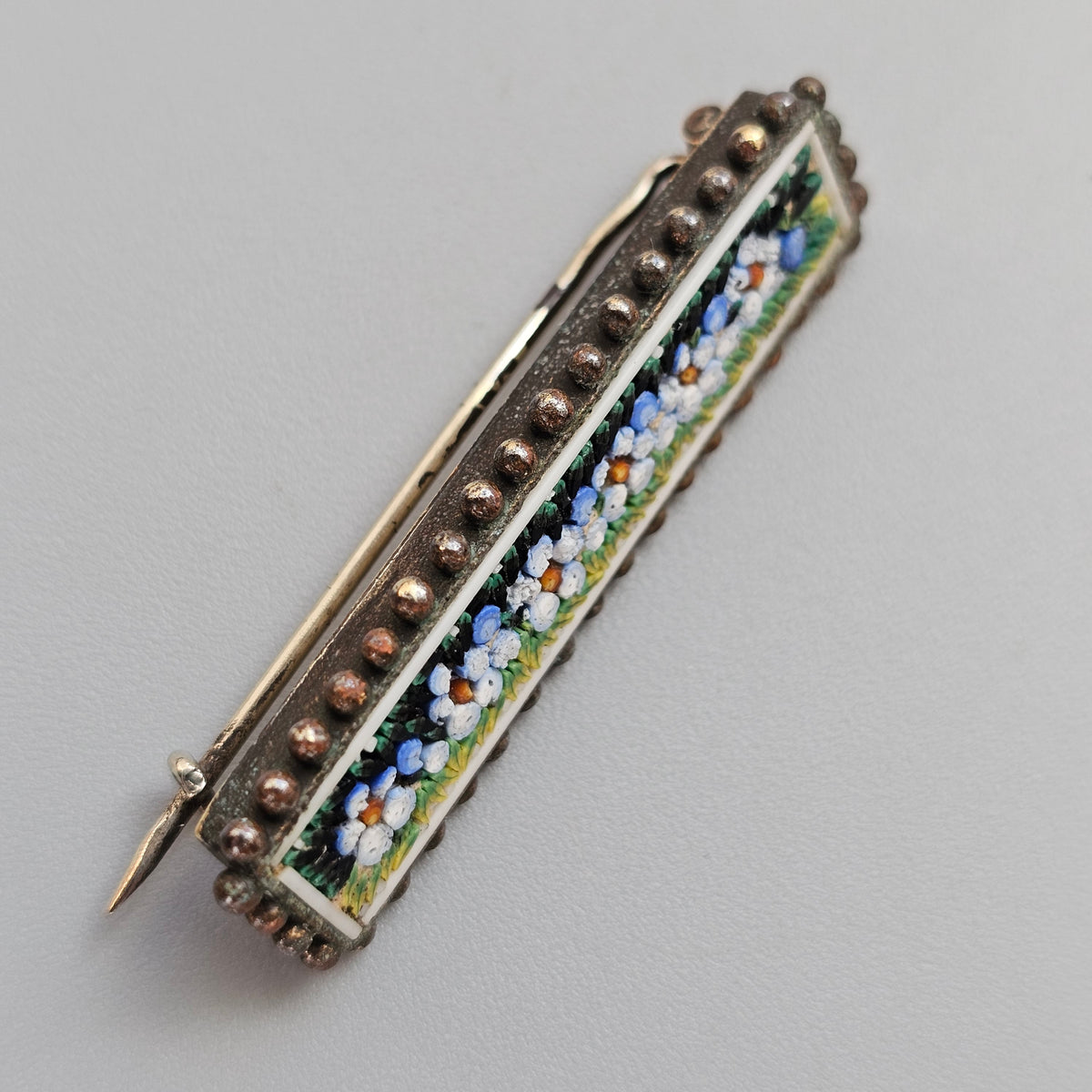 Antique Victorian Forget Me Not Micro Mosaic Bar Brooch