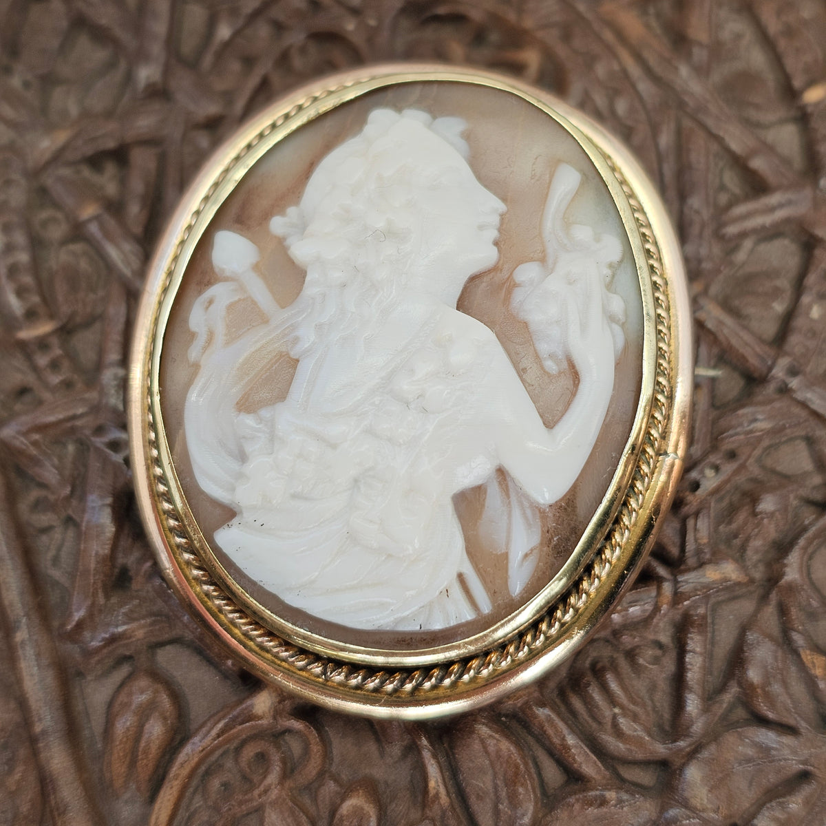 Antique Victorian Bacchante Shell Cameo Brooch Gold Tone Frame
