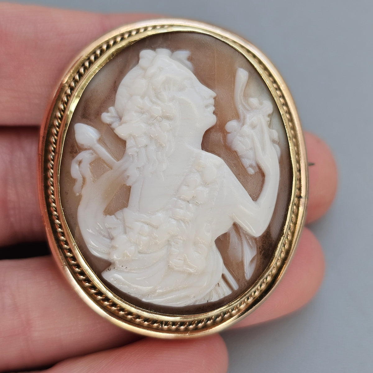 Antique Victorian Bacchante Shell Cameo Brooch Gold Tone Frame