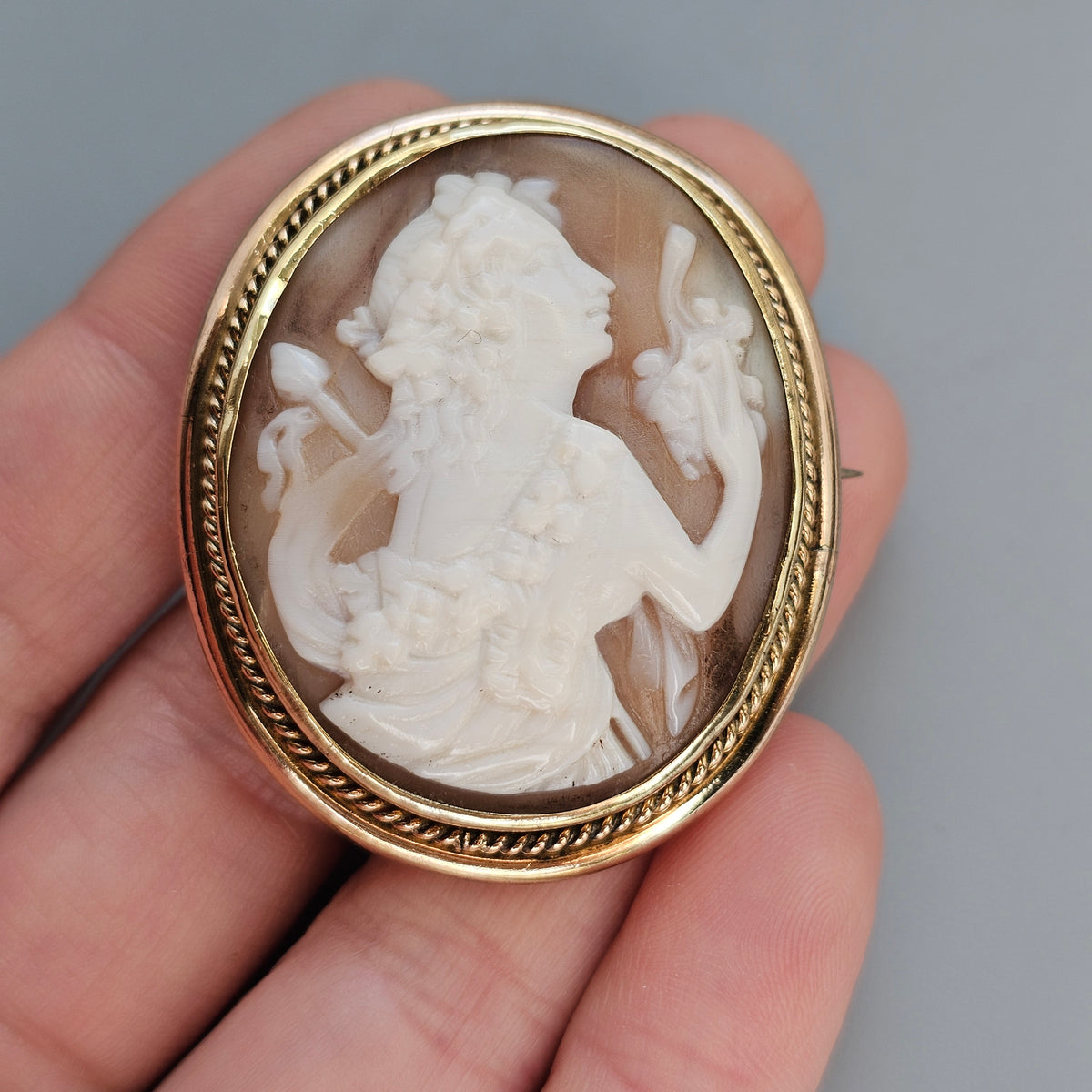 Antique Victorian Bacchante Shell Cameo Brooch Gold Tone Frame