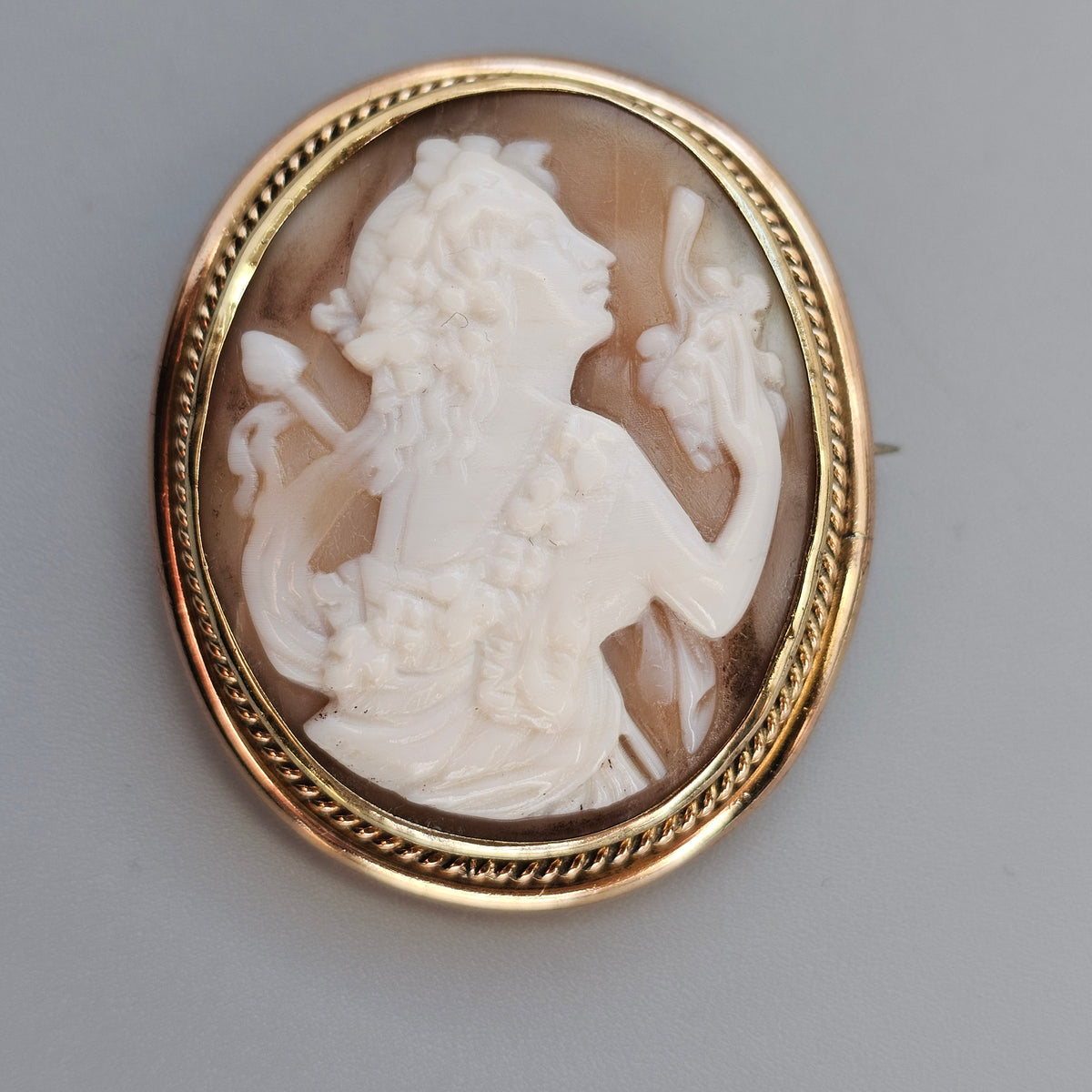 Antique Victorian Bacchante Shell Cameo Brooch Gold Tone Frame