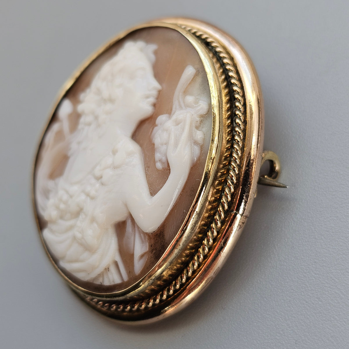 Antique Victorian Bacchante Shell Cameo Brooch Gold Tone Frame