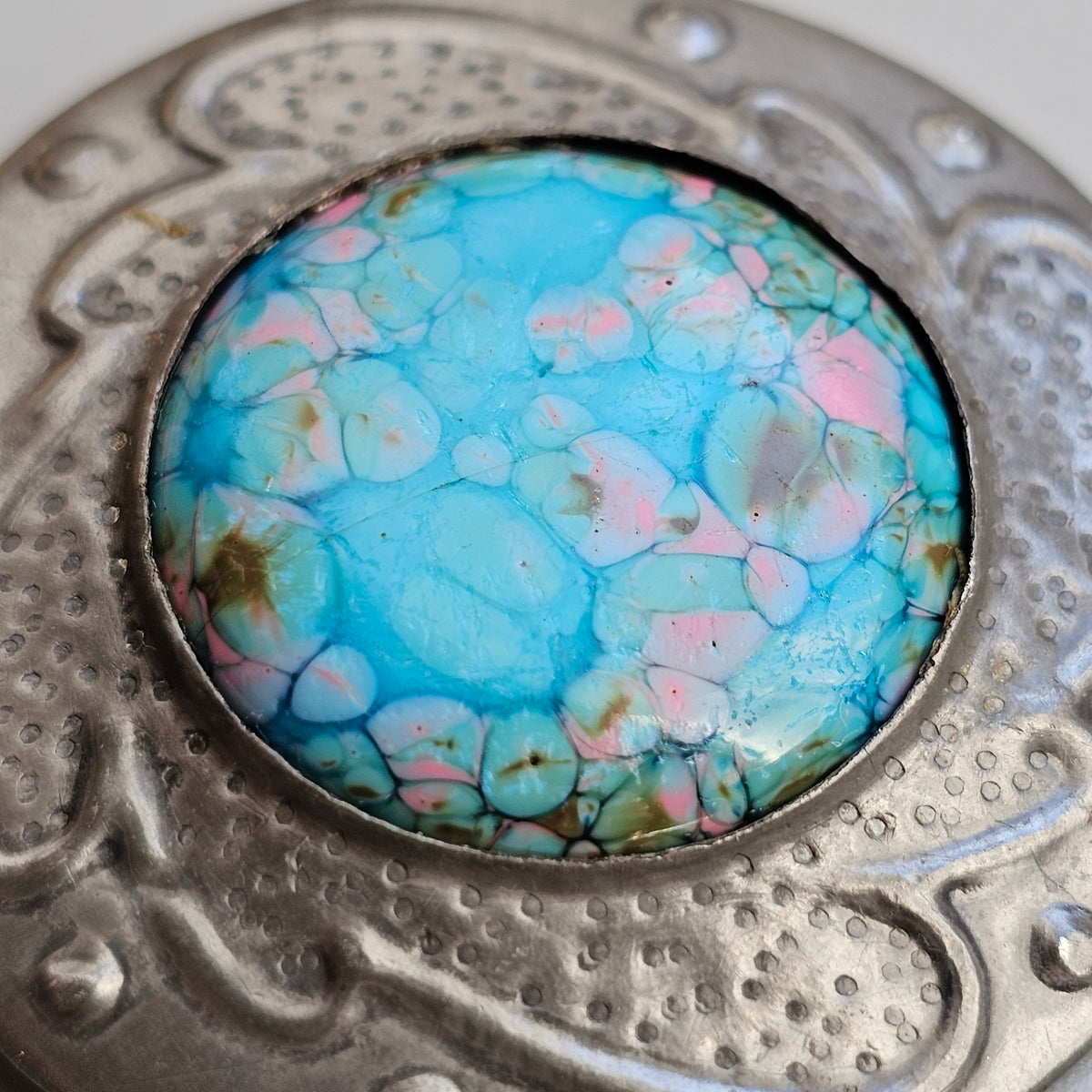Antique Arts and Crafts Pewter Ruskin Style Blue Cabochon Brooch
