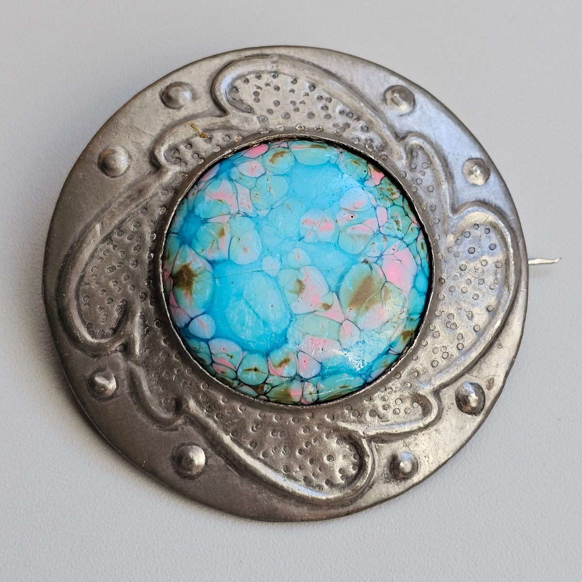 Antique Arts and Crafts Pewter Ruskin Style Blue Cabochon Brooch