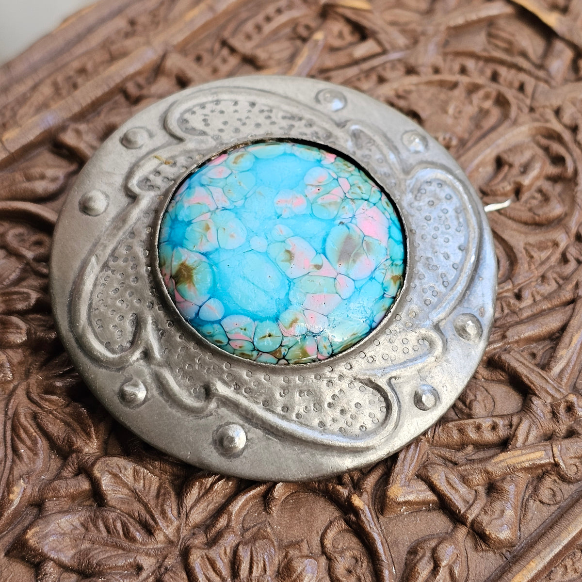 Antique Arts and Crafts Pewter Ruskin Style Blue Cabochon Brooch